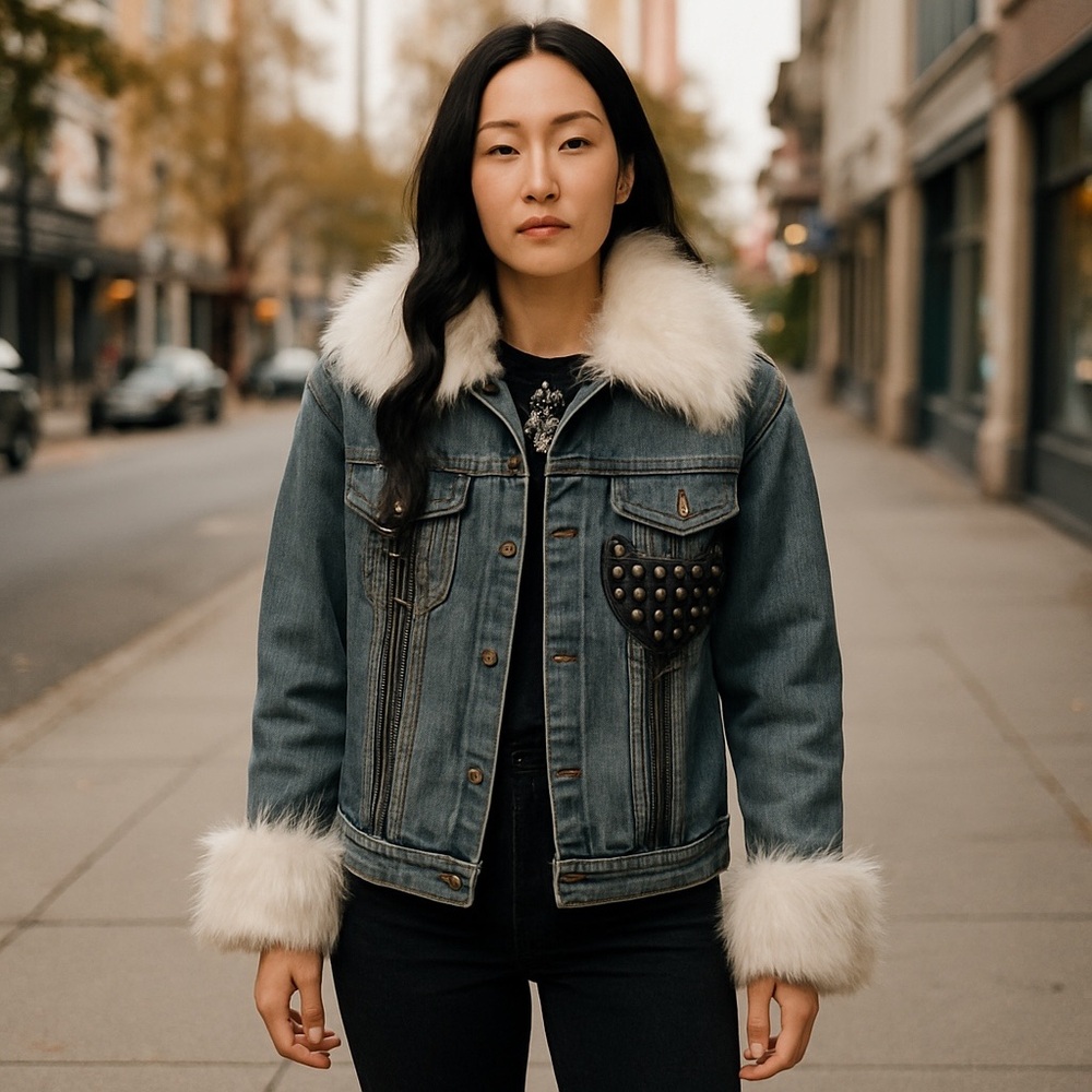 Calvin Klein Denim Jacket/White Fur Fox Accents one of a kind handcrafted